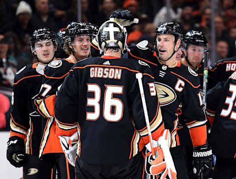 ANAHEIM, CALIFORNIA – NOVEMBER 01: Ryan Getzlaf #15 of the Anaheim Ducks celebrates his overtime goal with John Gibson #36, for a 2-1 win over the Vancouver Canucks at Honda Center on November 01, 2019 in Anaheim, California. (Photo by Harry How/Getty Images)