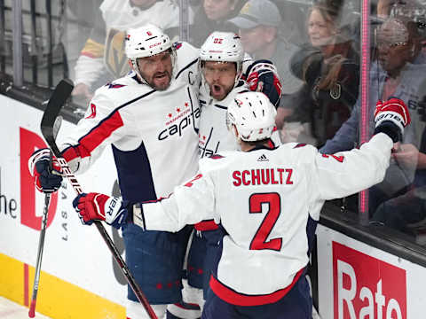 Alex Ovechkin, Evgeny Kuznetsov, Justin Schultz, Washington Capitals Mandatory Credit: Stephen R. Sylvanie-USA TODAY Sports