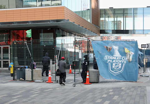 EDMONTON, ALBERTA – AUGUST 27: Fencing provides a barrier between NHL workers and players inside the bubble from those outside just adjacent to Rogers Place during the 2020 Stanley Cup Playoffs on August 27, 2020 in Edmonton, Alberta, Canada. (Photo by Bruce Bennett/Getty Images)