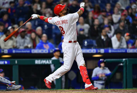 Apr 11, 2022; Philadelphia, Pennsylvania, USA; Philadelphia Phillies designated hitter Nick Castellanos (8) bats in the seventh inning against the New York Mets at Citizens Bank Park. Mandatory Credit: Kyle Ross-USA TODAY Sports