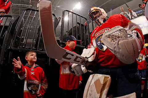 SUNRISE, FL – APRIL 1: Goaltender Roberto Luongo #1 of the Florida Panthers is greeted by fans while walking out onto the ice prior to the start of the game against the Washington Capitals at the BB&T Center on April 1, 2019 in Sunrise, Florida. (Photo by Eliot J. Schechter/NHLI via Getty Images)