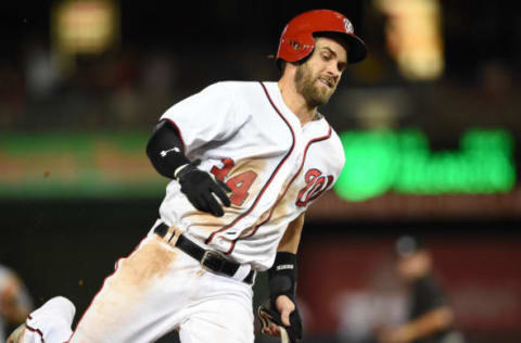 Sep 13, 2016; Washington, DC, USA; Washington Nationals right fielder Bryce Harper (34) rounds third base during the ninth inning against the New York Mets at Nationals Park. New York Mets defeated Washington Nationals 4-3 in the tenth inning. Mandatory Credit: Tommy Gilligan-USA TODAY Sports