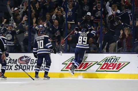 Nov 1, 2016; Columbus, OH, USA; Columbus Blue Jackets center Sam Gagner (89) celebrates a goal against the Dallas Stars during the third period at Nationwide Arena. Columbus defeated Dallas 3-2 in overtime. Mandatory Credit: Russell LaBounty-USA TODAY Sports