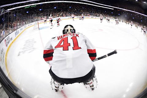 New Jersey Devils goaltender Vitek Vanecek (41): Bob DeChiara-USA TODAY Sports