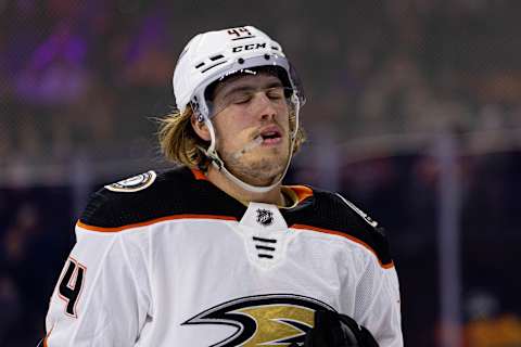 Jan 17, 2023; Philadelphia, Pennsylvania, USA; Anaheim Ducks left wing Max Comtois (44) during the third period against the Philadelphia Flyers at Wells Fargo Center. Mandatory Credit: Bill Streicher-USA TODAY Sports