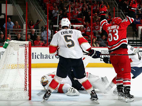 RALEIGH, NC – NOVEMBER 7: Jeff Skinner #53 of the Carolina Hurricanes celebrates a third-period goal scored by Derek Ryan #7 as Roberto Luongo #1 and Aaron Ekblad #5 of the Florida Panthers look on during an NHL game on November 7, 2017 at PNC Arena in Raleigh, North Carolina. (Photo by Gregg Forwerck/NHLI via Getty Images)