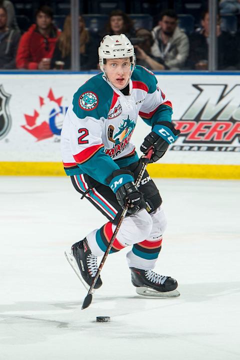 KELOWNA, BC – MARCH 03: Lassi Thomson #2 of the Kelowna Rockets skates with the puck against the Portland Winterhawks at Prospera Place on March 3, 2019 in Kelowna, Canada. (Photo by Marissa Baecker/Getty Images)