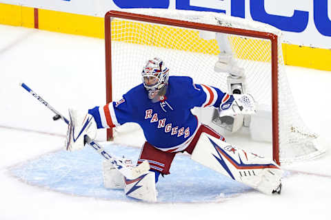 Igor Shesterkin #31 of the New York Rangers makes a stick save . (Photo by Andre Ringuette/Freestyle Photo/Getty Images)