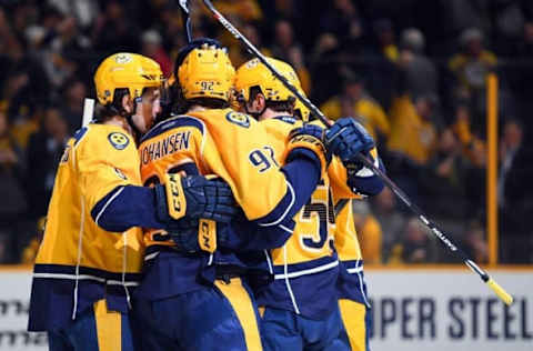 NHL Power Rankings: Nashville Predators players celebrate after a goal by defenseman Roman Josi (59) during the third period against the Colorado Avalanche at Bridgestone Arena. Mandatory Credit: Christopher Hanewinckel-USA TODAY Sports