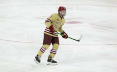 CHESTNUT HILL, MA – MARCH 4: Aidan Hreschuk #7 of the Boston College Eagles skates against the Massachusetts Minutemen during NCAA hockey at Kelley Rink on March 4, 2022, in Chestnut Hill, Massachusetts. The Eagles won 2-1. (Photo by Richard T Gagnon/Getty Images)