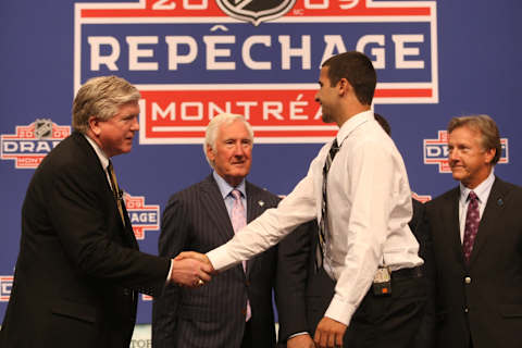 MONTREAL – JUNE 26: Nazem Kadri shakes hands with Toronto Maple Leafs President & GM Brian Burke. (Photo by Bruce Bennett/Getty Images)