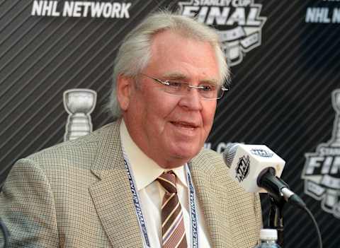 Jun 3, 2014; Los Angeles, CA, USA; New York Rangers general manager Glen Sather during media day before game one of the 2014 Stanley Cup Final against the Los Angeles Kings at Staples Center. Mandatory Credit: Kirby Lee-USA TODAY Sports