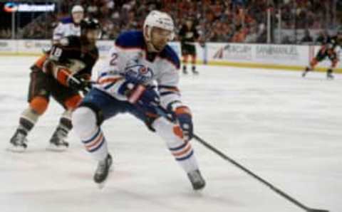 Edmonton Oilers defenseman Andrej Sekera (2) moves the puck (Gary A. Vasquez-USA TODAY Sports)