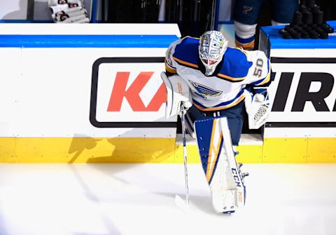 Jordan Binnington #50 of the St. Louis Blues. (Photo by Jeff Vinnick/Getty Images)