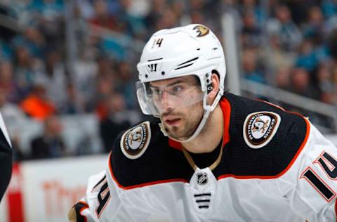 SAN JOSE, CA – APRIL 16: Adam Henrique #14 of the Anaheim Ducks looks on during the game against the San Jose Sharks in Game Three of the Western Conference First Round during the 2018 NHL Stanley Cup Playoffs at SAP Center on April 16, 2018, in San Jose, California. (Photo by Rocky W. Widner/NHL/Getty Images) *** Local Caption *** Adam Henrique