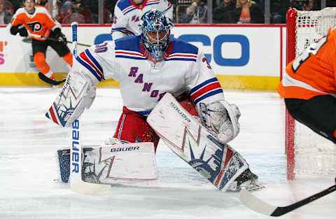 PHILADELPHIA, PA – APRIL 07: Henrik Lundqvist #30 of the New York Rangers reacts to the play against the Philadelphia Flyers on April 7, 2018 at the Wells Fargo Center in Philadelphia, Pennsylvania. (Photo by Len Redkoles/NHLI via Getty Images)