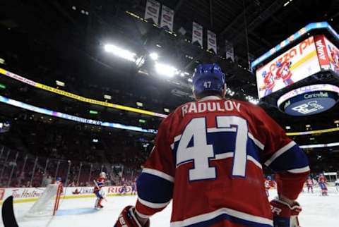 Oct 6, 2016; Montreal, Quebec, CAN; Montreal Canadiens forward Alexander Radulov (47) during the warmup period of a preseason hockey game against the Toronto Maple Leafs at the Bell Centre. Mandatory Credit: Eric Bolte-USA TODAY Sports