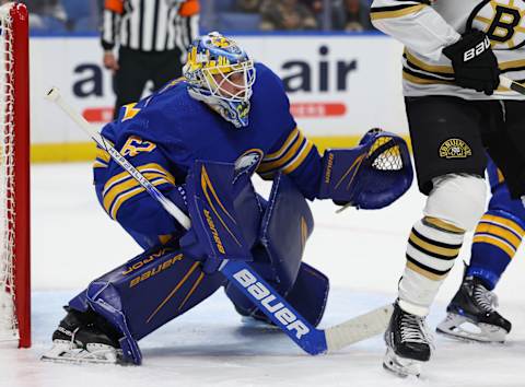 Sep 26, 2023; Buffalo, New York, USA; Buffalo Sabres goaltender Devin Cooley (62) looks for the puck during the third period against the Boston Bruins at KeyBank Center. Mandatory Credit: Timothy T. Ludwig-USA TODAY Sports