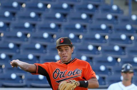 TAMPA, FL – AUGUST 01: Brandon Howlett (13) makes the off balance throw over to first base during the East Coast Pro Showcase on August 01, 2017, at Steinbrenner Field in Tampa, FL. (Photo by Cliff Welch/Icon Sportswire via Getty Images)