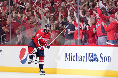 WASHINGTON, DC – APRIL 20: Brett Connolly #10 of the Washington Capitals celebrates after scoring a goal in the second period against the Carolina Hurricanes in Game Five of the Eastern Conference First Round during the 2019 NHL Stanley Cup Playoffs at Capital One Arena on April 20, 2019 in Washington, DC. (Photo by Patrick McDermott/NHLI via Getty Images)