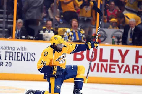 NHL Power Rankings: Nashville Predators defenseman P.K. Subban (76) celebrates after scoring a power play goal in the first period against the Chicago Blackhawks at Bridgestone Arena. Mandatory Credit: Christopher Hanewinckel-USA TODAY Sports