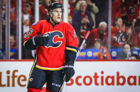 Apr 17, 2017; Calgary, Alberta, CAN; Calgary Flames defenseman Michael Stone (26) celebrates his goal against the Anaheim Ducks during the second period in game three of the first round of the 2017 Stanley Cup Playoffs at Scotiabank Saddledome. Mandatory Credit: Sergei Belski-USA TODAY Sports