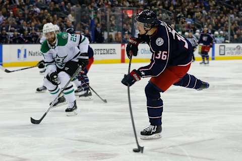 Jan 18, 2018; Columbus, OH, USA; Columbus Blue Jackets left wing Jussi Jokinen (36) takes a wrist shot against the Dallas Stars during the second period at Nationwide Arena. Mandatory Credit: Russell LaBounty-USA TODAY Sports