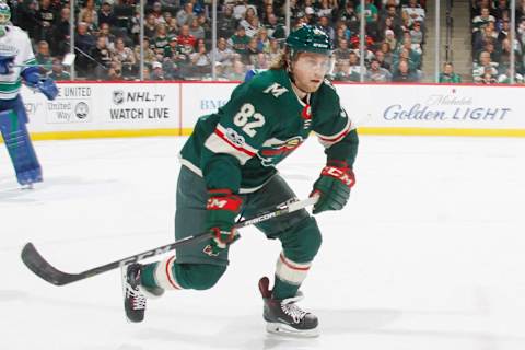 Justin Kloos #82 (Photo by Bruce Kluckhohn/NHLI via Getty Images)