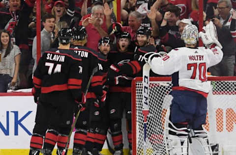 RALEIGH, NC – APRIL 18:The Washington Capitals celebrate after a goal by Carolina Hurricanes left wing Warren Foegele (13) in the opening minute of the first period of Game Four of the first round of the Stanley Cup Playoffs between the Washington Capitals and the Carolina Hurricanes on Thursday, April 18, 2019. (Photo by Toni L. Sandys/The Washington Post via Getty Images)