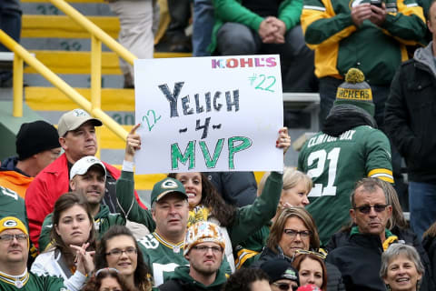 GREEN BAY, WI – SEPTEMBER 30: A fan holds a sign in support of Christian Yelich of the Milwaukee Brewers before the game between the Green Bay Packers and Buffalo Bills at Lambeau Field on September 30, 2018 in Green Bay, Wisconsin. (Photo by Dylan Buell/Getty Images)