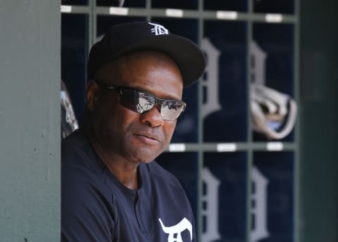 DETROIT, MI – MAY 16: Hitting coach Lloyd McClendon #20 of the Detroit Tigers looks on from the dugout during the game against the Cleveland Indians at Comerica Park on May 16, 2018 in Detroit, Michigan. The Indians defeated the Tigers 6-0. (Photo by Mark Cunningham/MLB Photos via Getty Images)