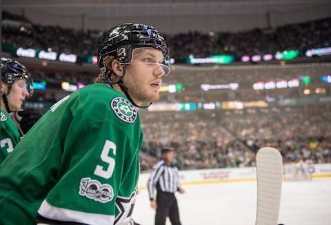 Feb 28, 2017; Dallas, TX, USA; Dallas Stars defenseman Jamie Oleksiak (5) during the game against the Pittsburgh Penguins at the American Airlines Center. The Stars defeat the Penguins 3-2. Mandatory Credit: Jerome Miron-USA TODAY Sports