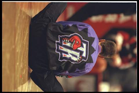 7 Nov 1995: Center Zan Tabak of the Toronto Raptors stretches on the court before the game against the Chicago Bulls at the United Center in Chicago, Illinois. The Bulls defeated the Raptors 117-108. Mandatory Credit: Jonathan Daniel/Allsport