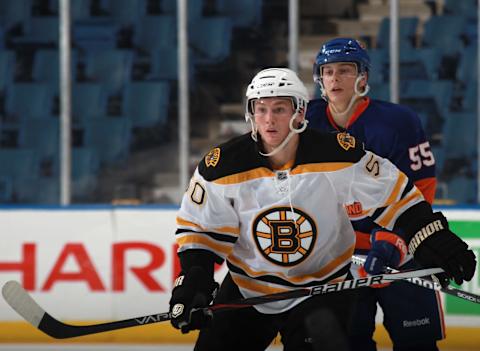 UNIONDALE, NY – SEPTEMBER 12: Jared Knight #50 of the Boston Bruins skates against the New York Islanders during a rookie game exhibition at Nassau Coliseum on September 12, 2011 in Uniondale, New York. (Photo by Bruce Bennett/Getty Images)