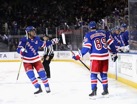 Pavel Buchnevich #89 of the New York Rangers celebrates his second period goal