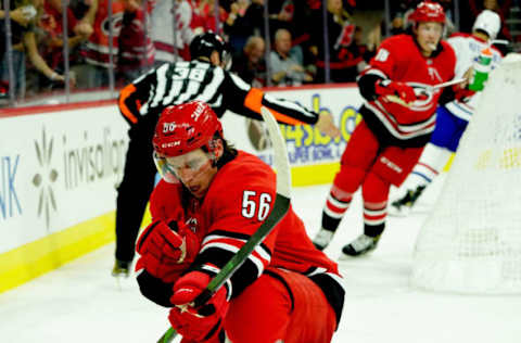 RALEIGH, NC – OCTOBER 3: Erik Haula #56 of the Carolina Hurricanes scores a game tying goal and celebrates during an NHL game against the Montreal Canadiens on October 3, 2019 at PNC Arena in Raleigh North Carolina. (Photo by Gregg Forwerck/NHLI via Getty Images)