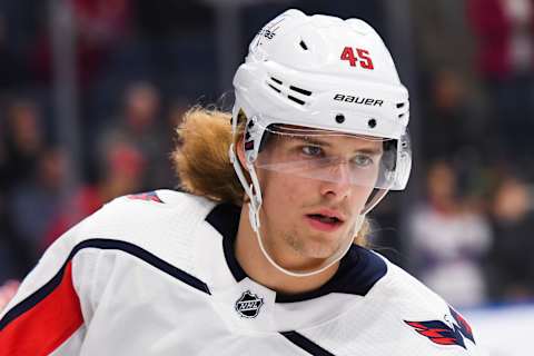 QUEBEC CITY, QC – SEPTEMBER 20: Look on Washington Capitals left wing Axel Jonsson-Fjallby (45) at warm-up before the Washington Capitals versus the Montreal Canadiens preseason game on September 20, 2018, at Centre Videotron in Quebec City, QC (Photo by David Kirouac/Icon Sportswire via Getty Images)