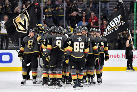 LAS VEGAS, NEVADA – NOVEMBER 17: The Vegas Golden Knights celebrate after defeating the Calgary Flames at T-Mobile Arena on November 17, 2019 in Las Vegas, Nevada. (Photo by Jeff Bottari/NHLI via Getty Images)