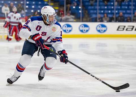 PLYMOUTH, MI – FEBRUARY 16: K’Andre Miller #19 of the USA Nationals skates up ice with the puck against the Russian Nationals during the 2018 Under-18 Five Nations Tournament game at USA Hockey Arena on February 16, 2018 in Plymouth, Michigan. USA defeated Russia 5-4. (Photo by Dave Reginek/Getty Images)*** Local Caption *** K’Andre Miller