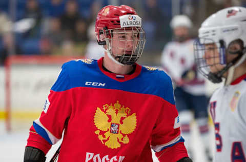 PLYMOUTH, MI – FEBRUARY 16: Andrei Svechnikov #7 of the Russian Nationals skates around on a play stoppage against the USA Nationals during the 2018 Under-18 Five Nations Tournament game at USA Hockey Arena on February 16, 2018 in Plymouth, Michigan. USA defeated Russia 5-4. (Photo by Dave Reginek/Getty Images)*** Local Caption *** Andrei Svechnikov