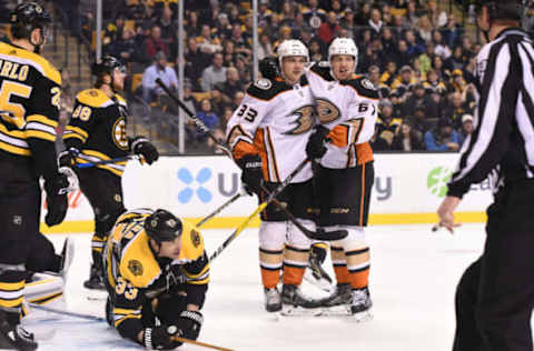 BOSTON, MA – JANUARY 30: Jakob Silfverberg #33 and Rickard Rakell #67 of the Anaheim Ducks celebrate a goal against the Boston Bruins at the TD Garden on January 30, 2018, in Boston, Massachusetts. (Photo by Steve Babineau/NHLI via Getty Images)