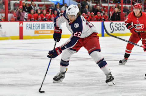 RALEIGH, NC – OCTOBER 10: Columbus Blue Jackets Right Wing Sonny Milano (22) skates with the puck in a game between the Columbus Blue Jackets and the Carolina Hurricanes at the PNC Arena in Raleigh, NC on October 10, 2017. Columbus defeated Carolina 2 – 1 in overtime. (Photo by Greg Thompson/Icon Sportswire via Getty Images)