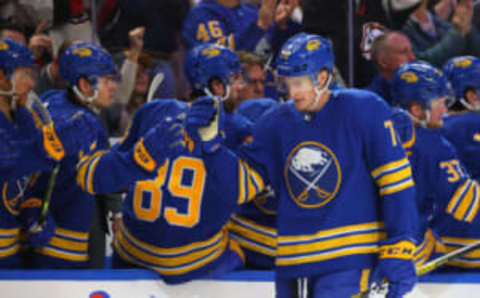 Apr 8, 2023; Buffalo, New York, USA; Buffalo Sabres center Tage Thompson (72) celebrates his goal with teammates during the third period against the Carolina Hurricanes at KeyBank Center. Mandatory Credit: Timothy T. Ludwig-USA TODAY Sports