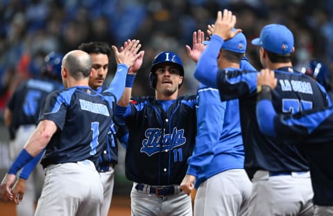 Sal Frelick  of Team Italy scores after John Valentin of Team Italy hit a RBI single at the top of the 10th inning during the World Baseball Classic Pool A game between Italy and Cuba at Taichung Intercontinental Baseball Stadium. (Photo by Gene Wang/Getty Images)