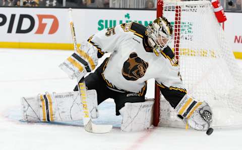 BOSTON, MA – NOVEMBER 25: Linus, Ullmark #35 of the Boston Bruins, makes a save against the Carolina Hurricanes during the second period at the TD Garden on November 25, 2022, in Boston, Massachusetts. (Photo by Richard T Gagnon/Getty Images)