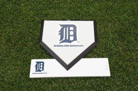 DETROIT, MI – JUNE 25: A detailed view of the special home plate and pitching rubber to honor the 60th anniversary of the Major League debut of Detroit Tigers outfielder and Baseball Hall of Famer Al Kaline prior to the game between the Detroit Tigers and the Los Angeles Angels of Anaheim at Comerica Park on June 25, 2013 in Detroit, Michigan. The Angels defeated the Tigers 14-8. (Photo by Mark Cunningham/MLB Photos via Getty Images)