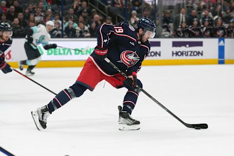 Mar 3, 2023; Columbus, Ohio, USA; Columbus Blue Jackets center Liam Foudy (19) skates with the puck during the first period against the Seattle Kraken at Nationwide Arena. Mandatory Credit: Jason Mowry-USA TODAY Sports