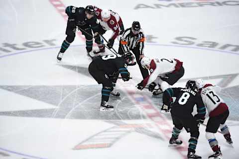 SAN JOSE, CA – MARCH 01: The opening puck drop during the NHL game between the Colorado Avalanche and the San Jose Sharks at SAP Center on March 1, 2019 in San Jose, CA. (Photo by Cody Glenn/Icon Sportswire via Getty Images)