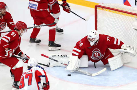 MOSCOW REGION, RUSSIA NOVEMBER 20, 2019: HC Vityaz Moscow Region’s goaltender Pyotr Kochetkov (R) in action in their 2019/20 KHL Regular Season ice hockey match against HC CSKA Moscow, at the Vityaz Arena. Stanislav Krasilnikov/TASS (Photo by Stanislav Krasilnikov\TASS via Getty Images)