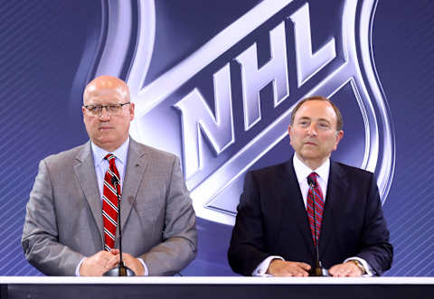 LAS VEGAS, NV – JUNE 22: Deputy NHL Commissioner Bill Daly and commissioner Gary Bettman  . (Photo by Bruce Bennett/Getty Images)